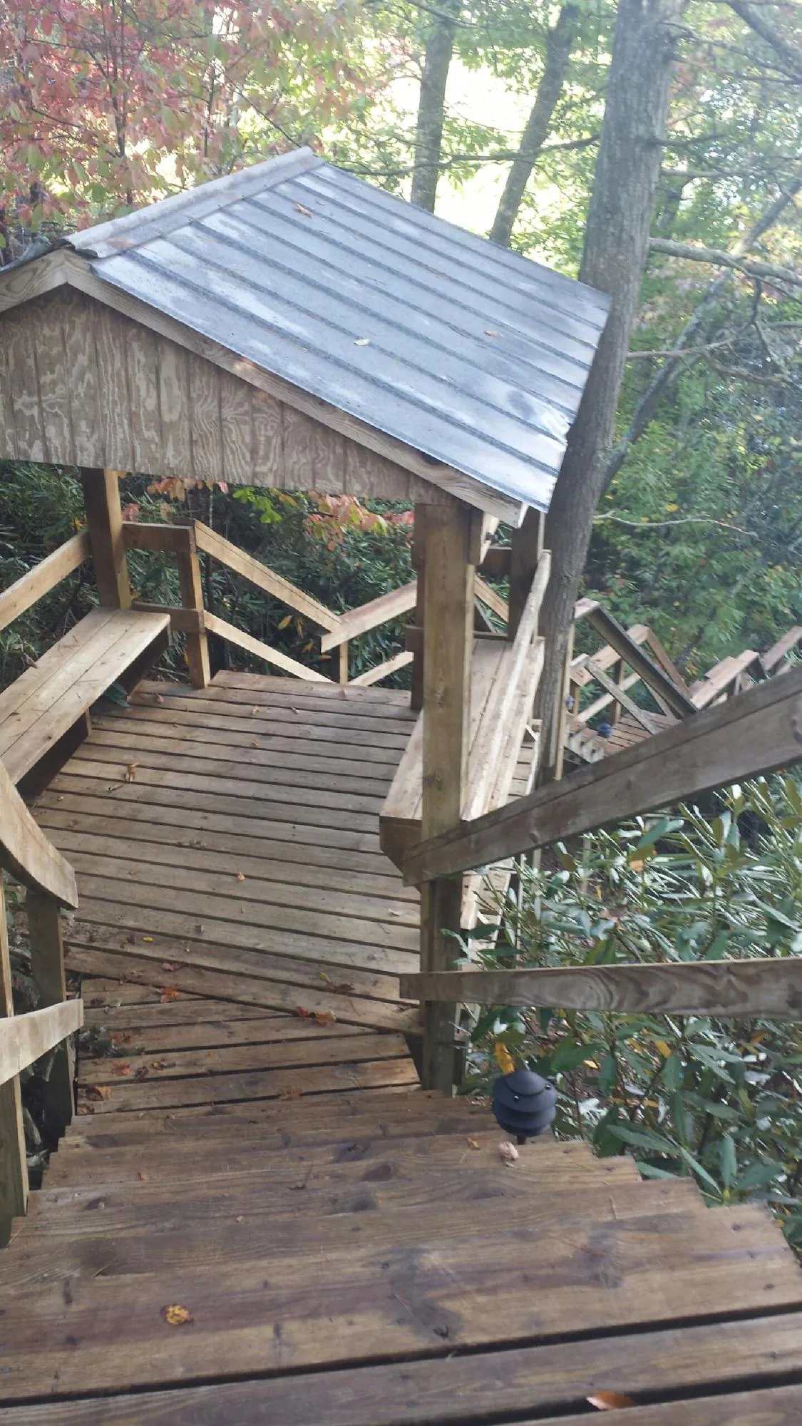 Metal roofed shelter over wooden steps on a wooded walkway — Skylight Repair & Installation work by our crew in Oak Grove
